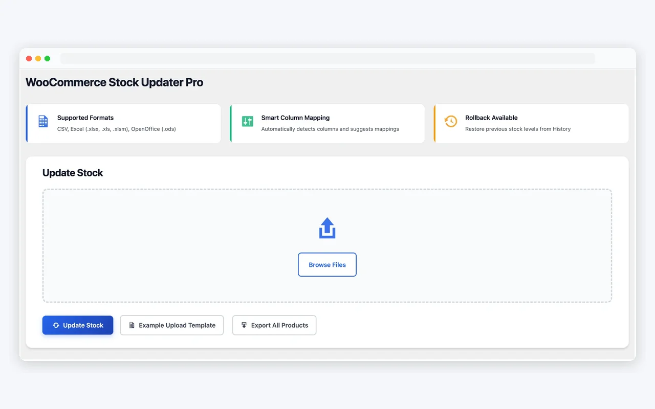 Stock Updater Dashboard - Clean interface with file upload